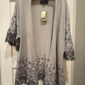 Anthropologie Sunday in Brooklyn Gray Embroidered Open Kimono Top L